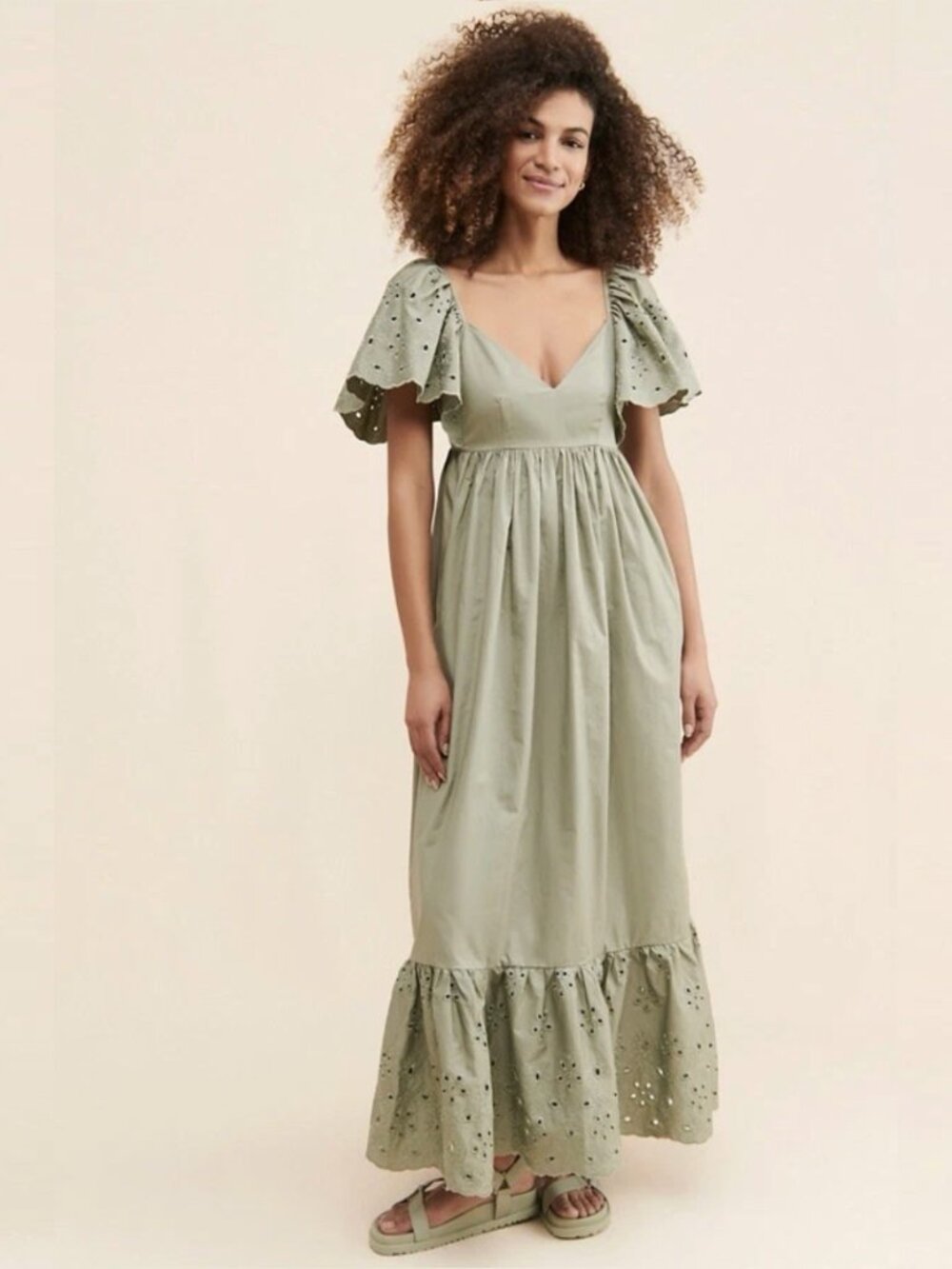En Saison Anthropologie Eyelet Flutter Sleeve Cotton VNeck Maxi Dress Pockets XS - Picture 1 of 12